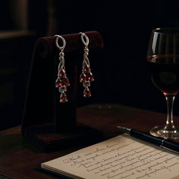 Vintage-Style ✦ Mozambique Garnet Drop Earrings ✦ 316L Stainless Steel Leverback - Picture 3 of 10